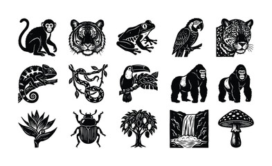 Obraz premium Collection of jungle animals and flora in a linocut style