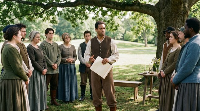 Historical reenactment group gathering in park with speaker