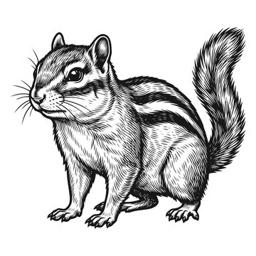 Detailed black and white illustration of a chipmunk standing on ground