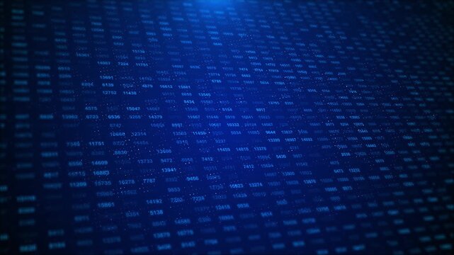 Blue numerical data field background glowing rows of numbers, dotted particles, depth blur, digital finance style. for analytics videos, database visuals, AI dashboards, fintech intros, and overlays.