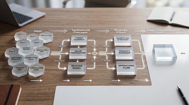 Business strategy flowchart on wooden desk with office supplies and laptop in background for planning and organization