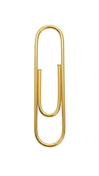 Gold metal paperclip isolated on white background with paperclip