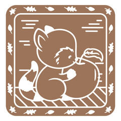 Cartoon raccoon eating an apple on a brown background © Vexels