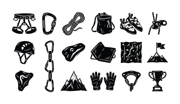 Collection of black and white climbing equipment icons and symbols