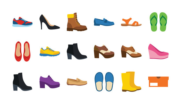 Collection of diverse footwear styles for men and women, presented in a clean graphic format