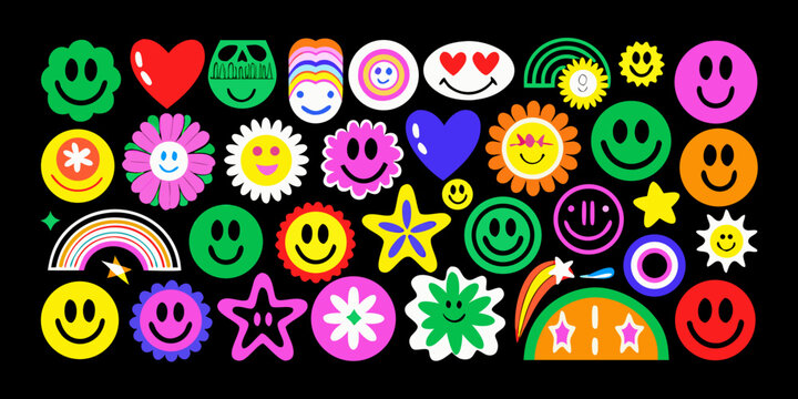 Colorful retro sticker collection with smiley faces and floral designs