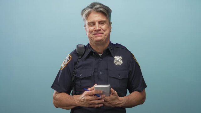 Police man holding notepad and pen, writing notes while smiling and checking a shoulder radio microphone in studio; pride duty.