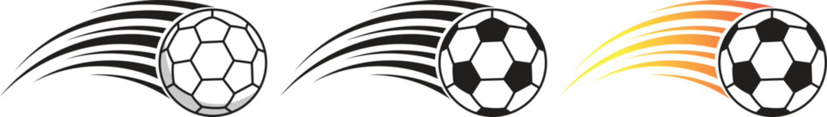 Soccer ball flying icon set, football kick with motion trail and fire flames, goal and speed effects, sports tournament symbols, fast action game elements, black vector graphic collection. © Mon Amour