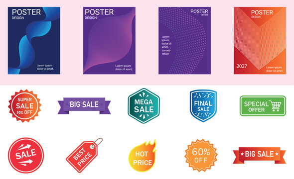 Sale Label and Abstract Poster Collection. Promotional Badge, Banner, Discount, Special Offer, Marketing Template, Graphic Design. Editable Vector.