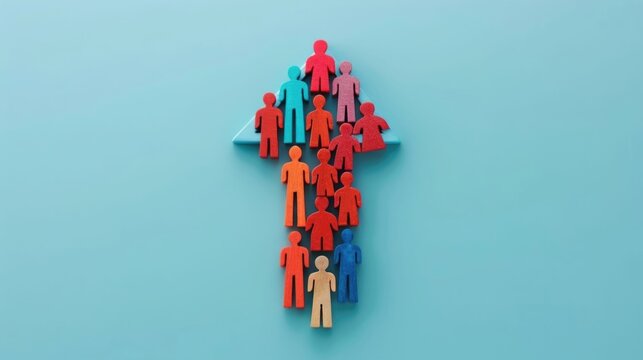 An arrangement of small multi colored human shaped figures creates a clear upward arrow shape against a plain blue background representing concepts of progress collabo n and collective advancement