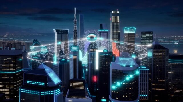 Futuristic city skyline at night with digital technology theme