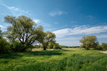 Fototapeta premium Expansive Green Field with Majestic Trees Under a Bright Blue Sky, Rural House in Distance