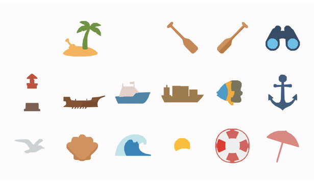 Sea and beach flat icons set with bikini palm tree lighthouse boats and marine travel elements vector collection