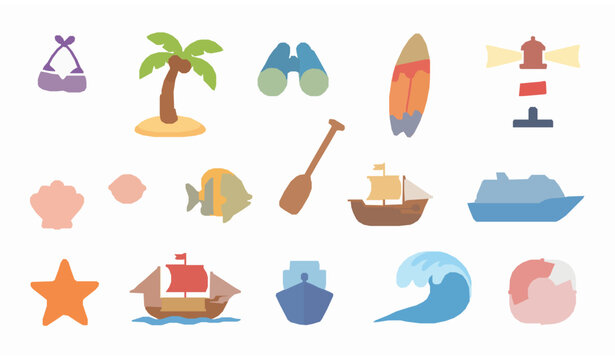 Colorful sea and beach icons set with bikini palm tree lighthouse ships and summer ocean elements vector