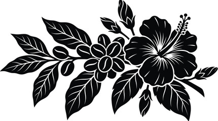 Obraz premium Black silhouette of hibiscus flower and coffee beans branch Vector Geographical Indication product