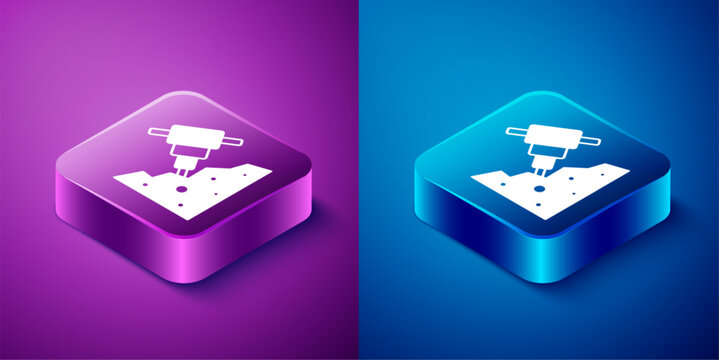 Isometric Construction jackhammer and stone icon isolated on blue and purple background. Square button. Vector