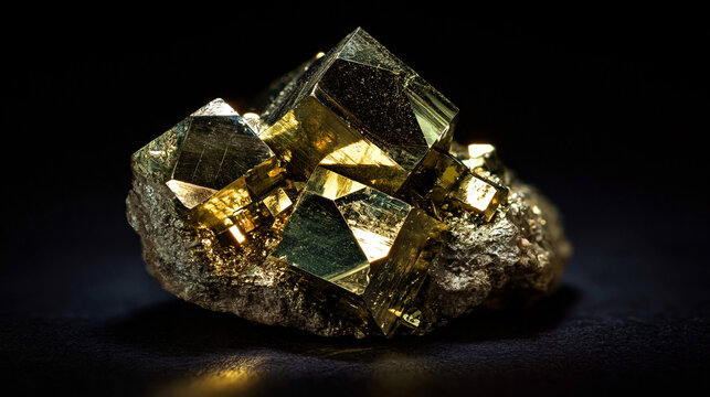 Golden pyrite mineral cluster with metallic cubic crystals on dark black background