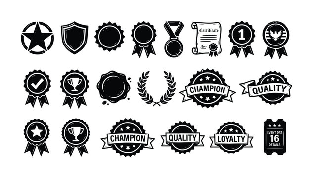 Collection of hand-drawn award badges, seals, and certificates for recognition
