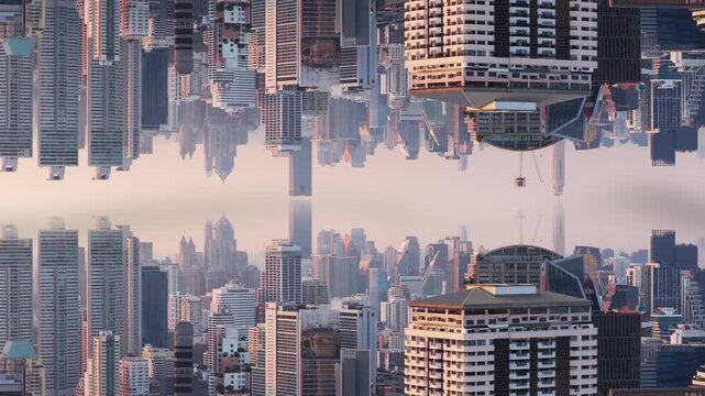 Mirrored cityscape of Bangkok, inception like surreal and abstract world with kaleidoscope effect flying forward metropolis skyline