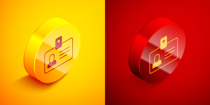 Isometric Identification badge icon isolated on orange and red background. It can be used for presentation, identity of the company, advertising. Circle button. Vector