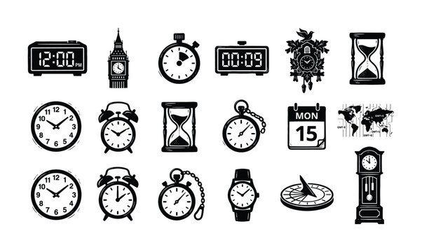Collection of diverse timekeeping devices and symbols in black and white