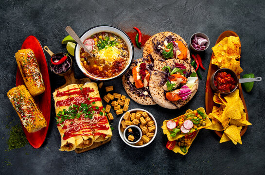 Mexican cuisine concept. Mexican food table with traditional dishes.
