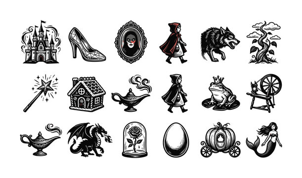 Collection of classic fairy tale icons and symbols in a striking black and white style