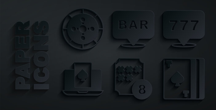 Set Lottery ball on bingo card, Slot machine with jackpot, Online poker table game, Deck of playing cards, Alcohol bar location and Casino roulette wheel icon. Vector