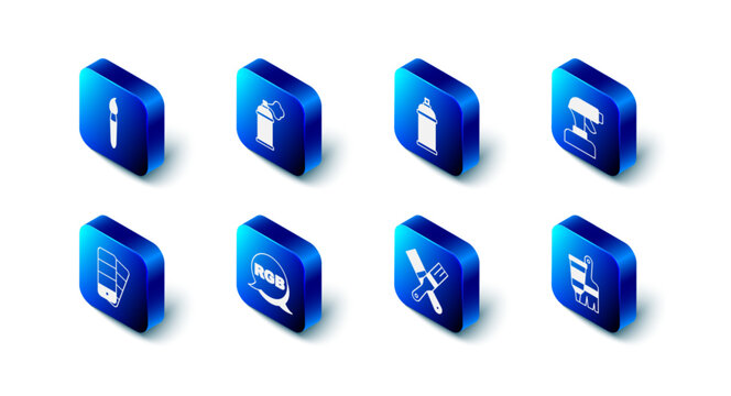 Set Paint spray can, gun, Tube with paint and brush, RGB, Color palette guide and icon. Vector
