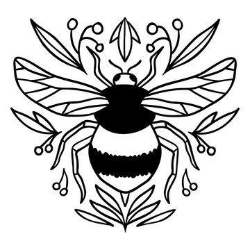 Intricate bee and floral line art illustration