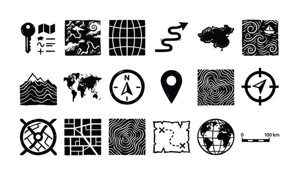 Collection of hand-drawn map and navigation icons for travel and exploration