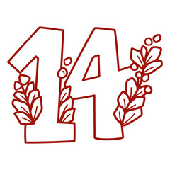 Obraz premium The number 14 in red with leaves on it