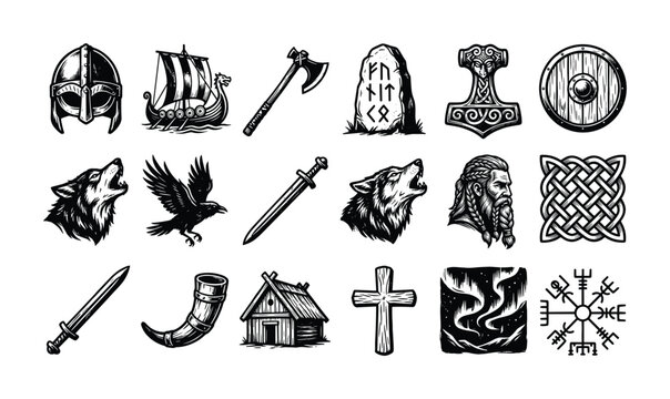 Collection of Viking symbols and illustrations in a vintage woodcut style