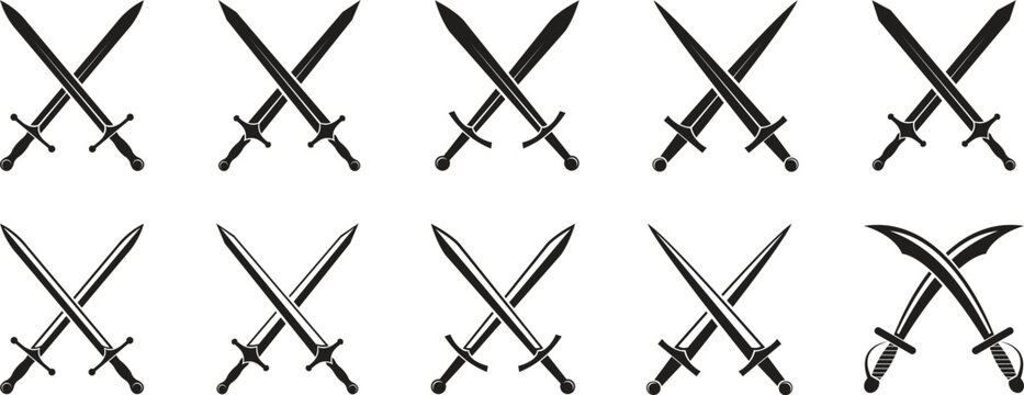 Crossed swords icon set, medieval weapon symbols, knight blade silhouettes, battle and fight signs, ancient warrior equipment, gaming assets, vector collection isolated on transparent background.