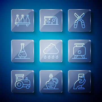 Set line Tractor, Wine in italian fiasco bottle, tasting, degustation, Gardening scissors, Cloud with rain, Decanter for wine, Bottle of and Fermentation grapes icon. Vector