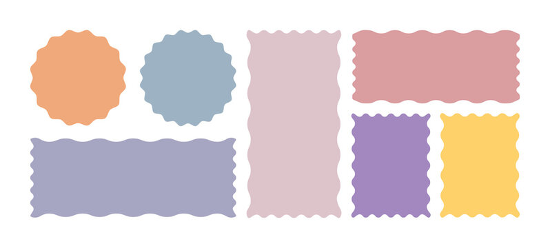 Different frames, Color rectangle frames with wiggly borders. Colorful vector round, square and rectangular shapes with scalloped wavy zigzag edges. 