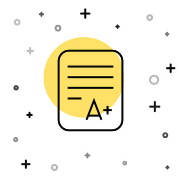 Black line Exam sheet with A plus grade icon isolated on white background. Test paper, exam, or survey concept. School test or exam. Random dynamic shapes. Vector