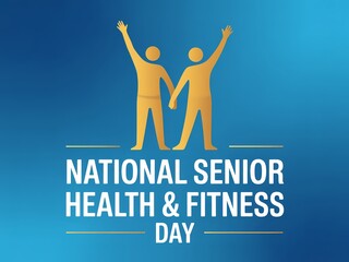 Fototapeta premium National senior health and fitness day illustration with two active people holding hands on a blue background