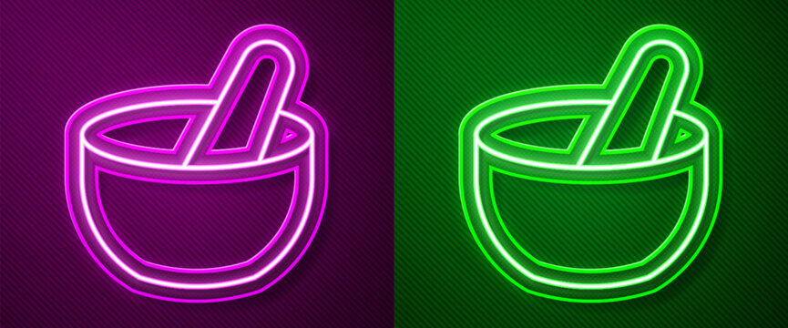 Glowing neon line Witch cauldron icon isolated on purple and green background. Happy Halloween party. Vector