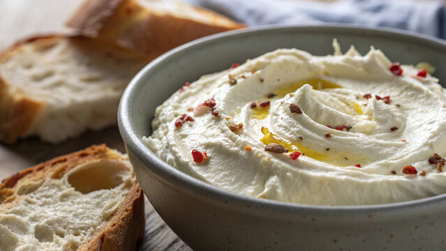 Photorealistic closeup whipped feta spread showing airy texture olive oil gloss chili flakes lemon zest and bread edge in soft light