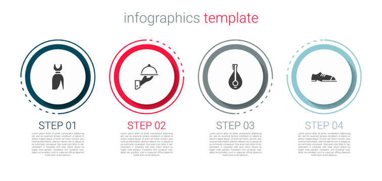Set Woman dress, Covered with tray of food, Mandolin and Men shoes. Business infographic template. Vector