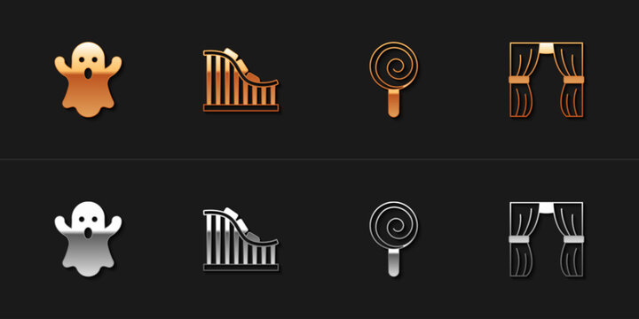 Set Ghost, Roller coaster, Lollipop and Circus curtain raises icon. Vector