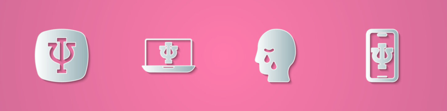 Set paper cut Psychology, Psi, Psychologist online, Man graves funeral sorrow and icon. Paper art style. Vector