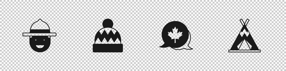 Set Canadian ranger hat, Beanie, maple leaf and Indian teepee or wigwam icon. Vector © Kostiantyn