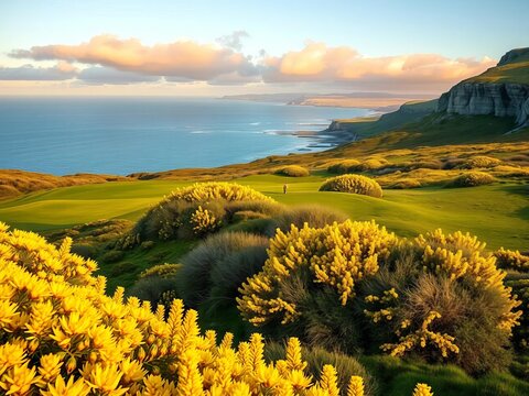 Vibrant Scottish spring golf vista, yellow gorse ablaze by Inverness coast,  ocean,  radiant
