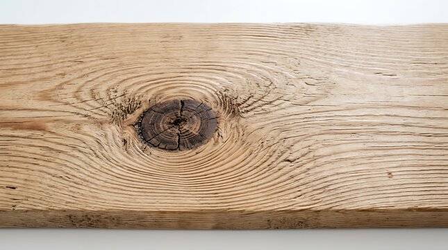 Close-up of natural oak wood plank with prominent knot detail, raw texture, and warm lighting for design and craft projects