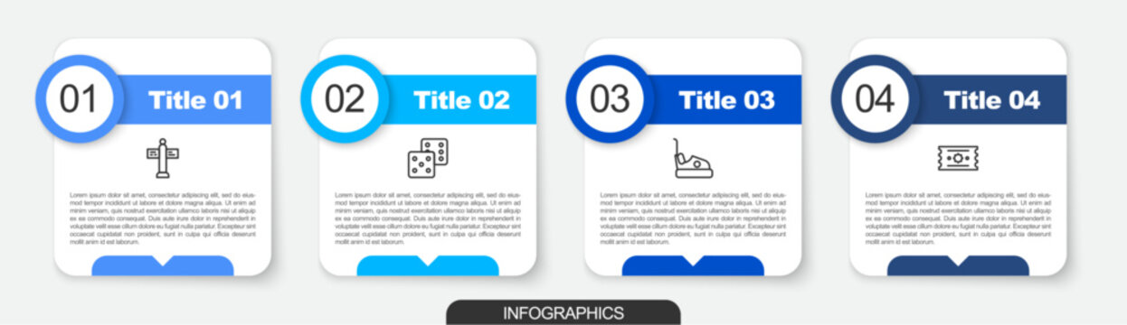 Set line Road traffic signpost, Game dice, Bumper car and Ticket. Business infographic template. Vector