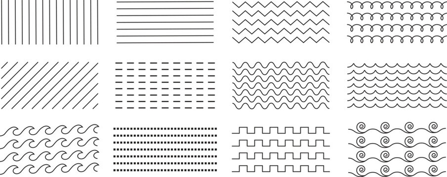 Set of basic line types for art and design, geometric stroke patterns, wavy, zigzag, dashed, and curly line textures, decorative border elements, vector illustration