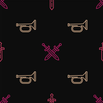 Set line Medieval sword, Trumpet and Crossed medieval on seamless pattern. Vector