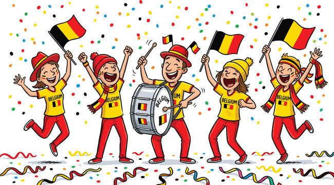 Belgium Football Fans Celebration with Flags, Drum, and Confetti, Excited Supporters for Sports Events, Soccer Matches, and National Pride Designs